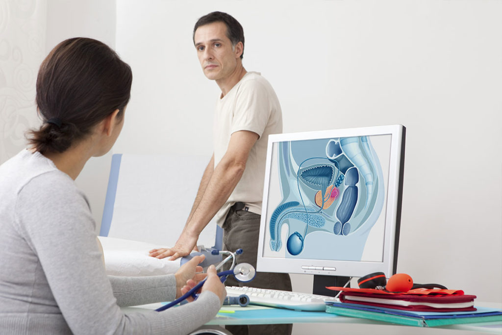 When the urinary system appears on the monitor, a female doctor looks at the male patient.