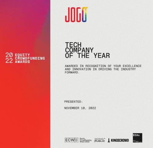 Scaled image of a certificate awarded to JOGO as the TECH COMPANY OF THE YEAR.