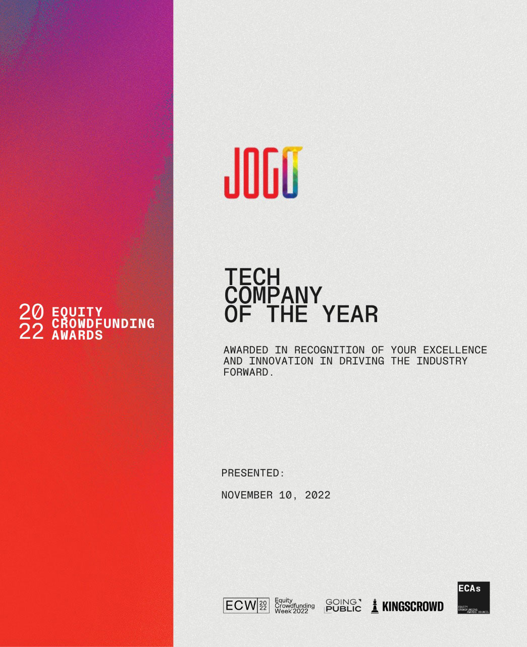 Scaled image of a certificate awarded to JOGO as the TECH COMPANY OF THE YEAR.