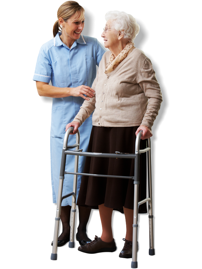 A certified nurse taking care of an elderly women from falling while walking.
